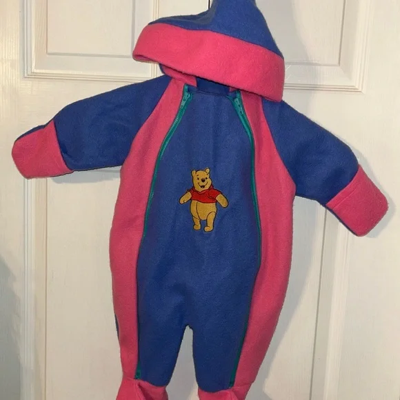 Vintage 90s Disney Winnie The Pooh Fleece One Piece Pajamas Bunting 0-6 Months - Picture 2 of 5
